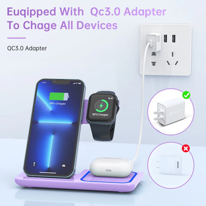 Wireless Charging Station, 3 in 1 Wireless Charger for Iphone 17/16/15/14/13/12/11/Pro/Pro Max/Xs, 18W Charging Dock for Iwatch Series 11 10 9 8 7 6 5 4 3 2, Airpods 4/3/2/Pro(Purple)