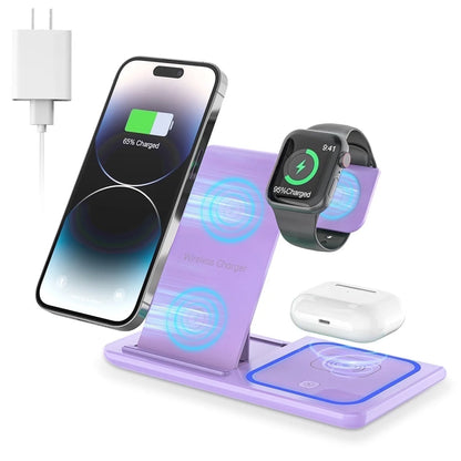 Wireless Charging Station, 3 in 1 Wireless Charger for Iphone 17/16/15/14/13/12/11/Pro/Pro Max/Xs, 18W Charging Dock for Iwatch Series 11 10 9 8 7 6 5 4 3 2, Airpods 4/3/2/Pro(Purple)